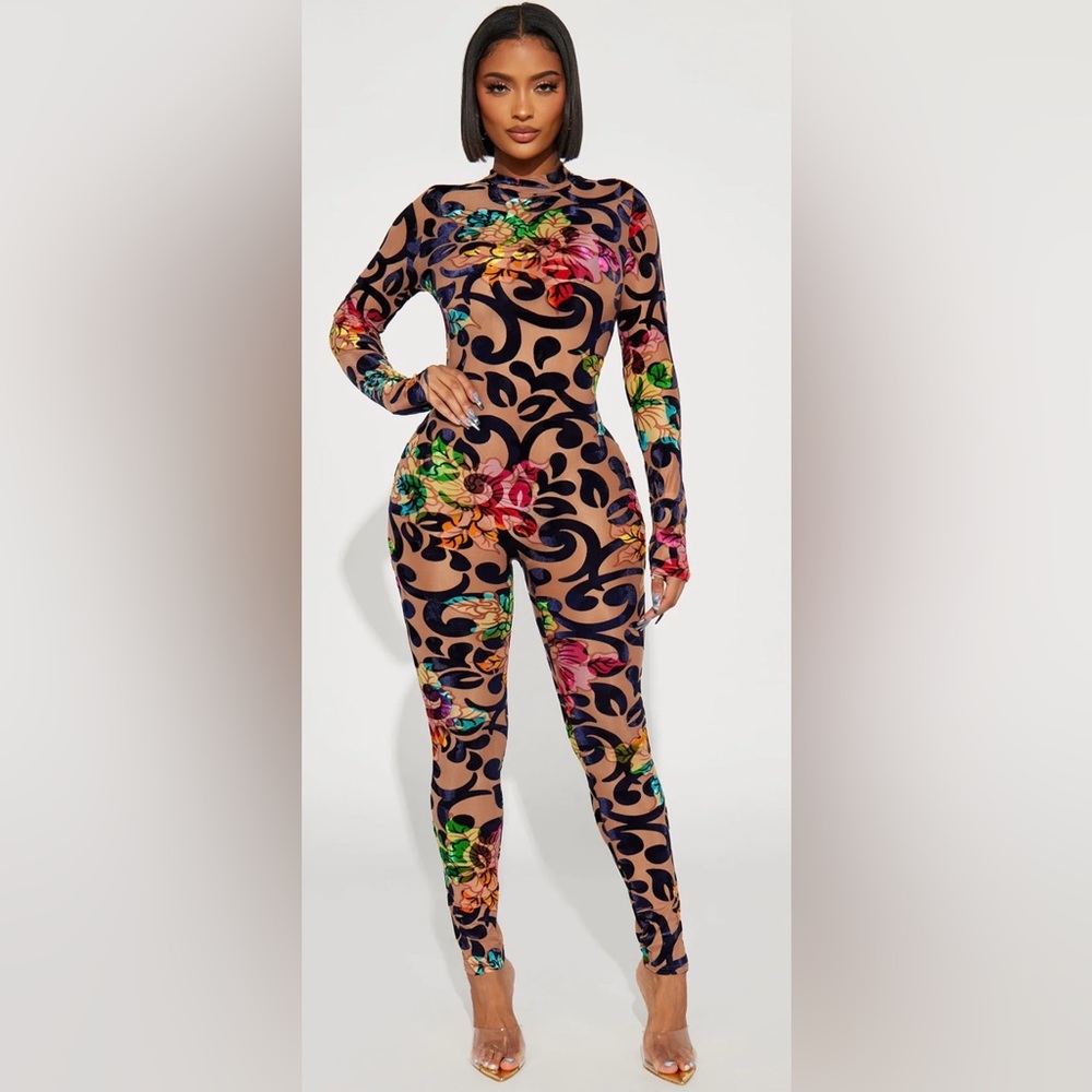 Fashion Nova Beige Floral & Black Swirl Long Sleeve Jumpsuit